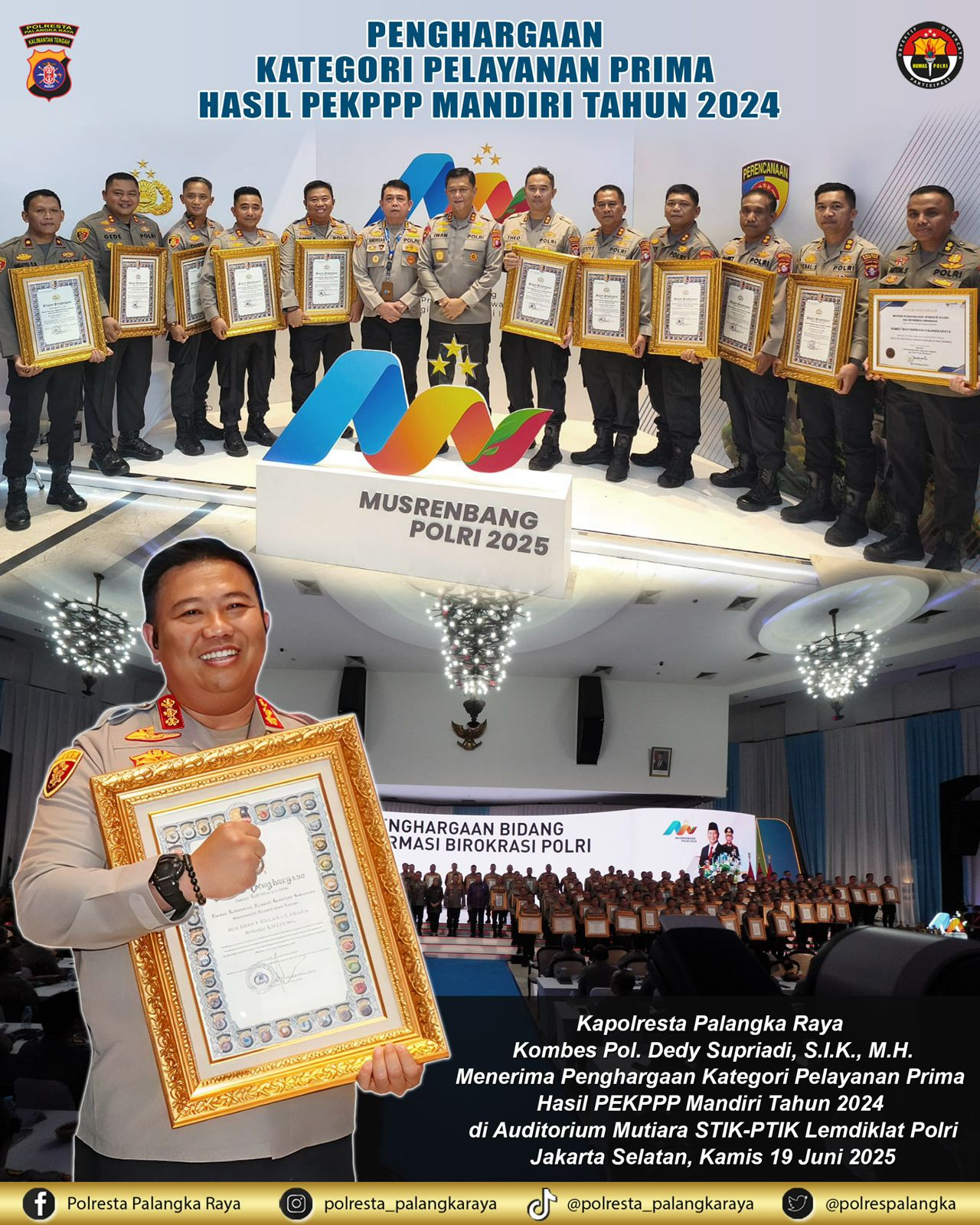 Kapolresta Palangka Raya Terima Penghargaan Pelayanan Prima dari Kemenpan-RB
