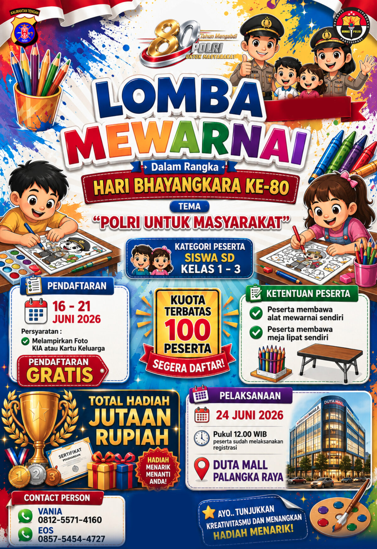 Semarakkan Hari Bhayangkara ke-80, Polda Kalteng Gelar Lomba Mewarnai untuk Anak SD