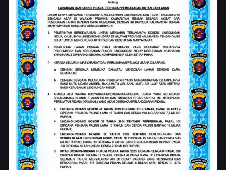 Kapolda Kalteng Ingatkan Sanksi Pidana Pembakaran Lahan