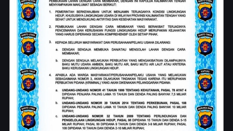 Kapolda Kalteng Ingatkan Sanksi Pidana Pembakaran Lahan