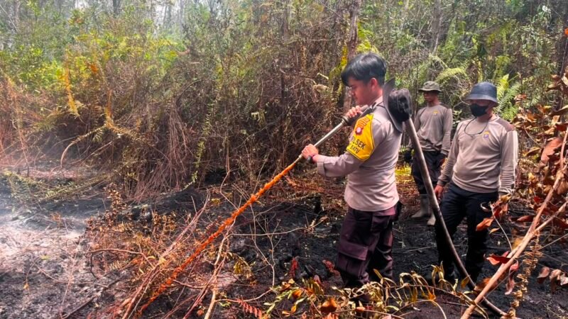 Di Kelurahan Marang, Personel Polsek Bukit Batu Berjibaku Padamkan Karhutla